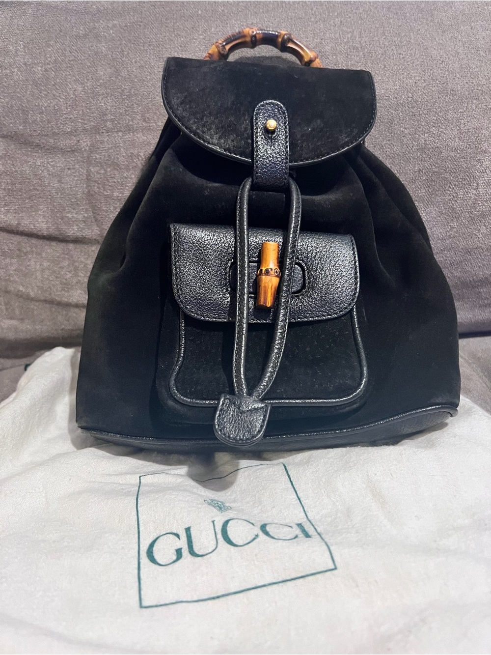 Gucci Black Suede & Leather Bamboo-Handle Drawstring Backpack